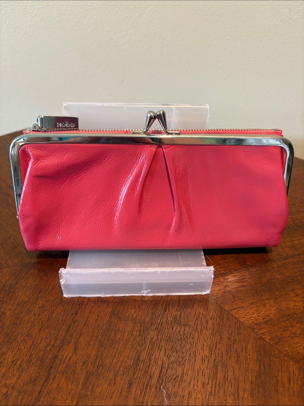 Hobo  wallet  clutch  smooth, soft leather  coral pink kiss lock/zipper pockets